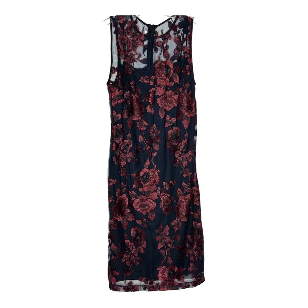 Donna Ricco Floral Embroidered Sheer Overlay Dress Sleeveless‎ Red Black  10 - Picture 3 of 6